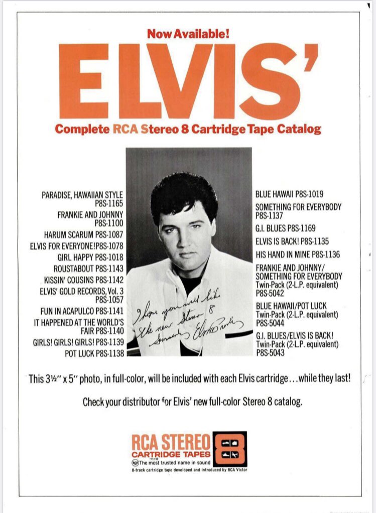 Today in 1966, #Billboard runs an ad for #ElvisPresley’s new stereo 8-track albums.

I’m most intrigued by the “Twin-Packs” like #BlueHawaii/#PotLuck & #GIBlues/#ElvisIsBack!, which appear to be the earliest reissue of #Elvis albums as 2-for-1 sets.

#ElvisHistory