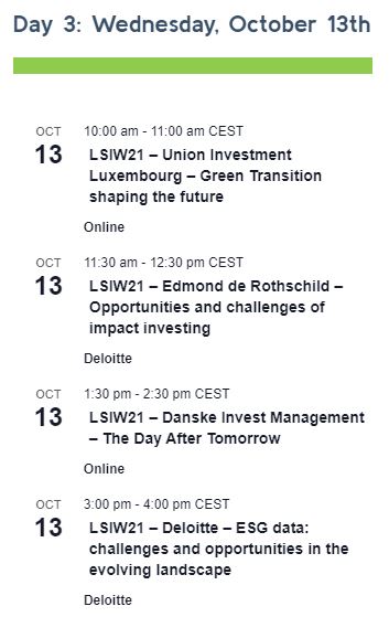 SriEvent's tweet photo. #SriAgenda #today | #Oct13 at 10am CEST
#LSIW21 - "@LuxFLAG Sustainable Investment Week 2021 | Day3 of 5 (until #Oct15)
https://t.co/hVcqCi5WG5
#sustainablefinance #sri #esg #greenfinance #greenbonds #climate #climatecrisis #climatefinance #impinv @SRI_Natives @andytuit https://t.co/VwCk4Y9Pvp