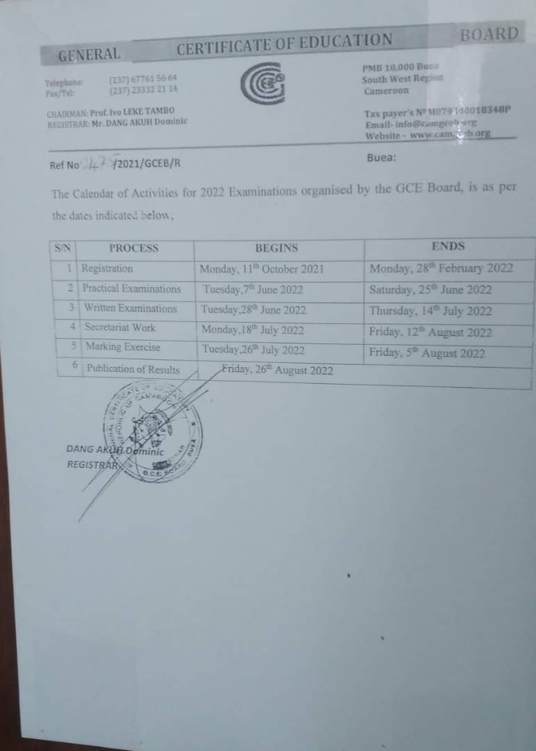 Registration for the General Certificate of Education, GCE examination for the 2021/2022 academic year kicks off on Monday Oct 11. 

The exercise is expected to last till Monday 28th Feb 2022 according to the calendar of activities put out by the Registrar, Dang Akuh. 

MMI