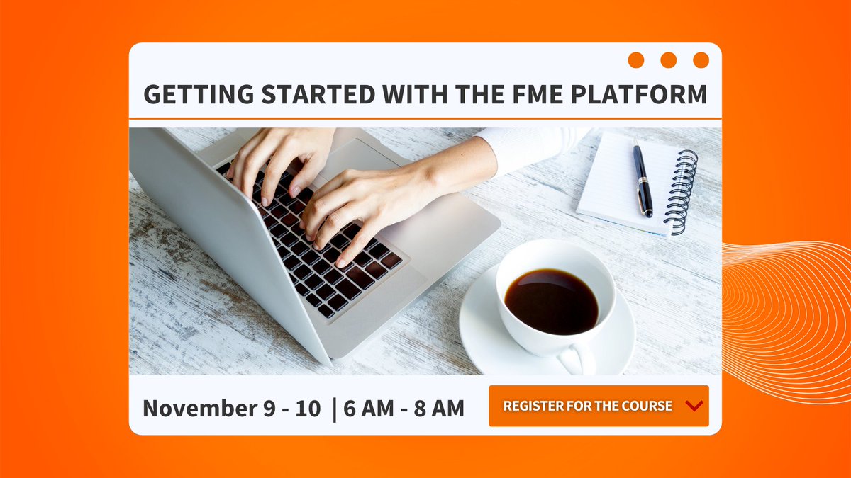 SafeSoftware's tweet photo. Are you new to FME? Join us on November 9 - 10 for our free 2 day training session “Getting Started with the #FMEPlatform ” → https://t.co/q5puVasCrV This course introduces the essential components and capabilities of FME through hands-on problem-solving exercises. https://t.co/t0YZ841VP0