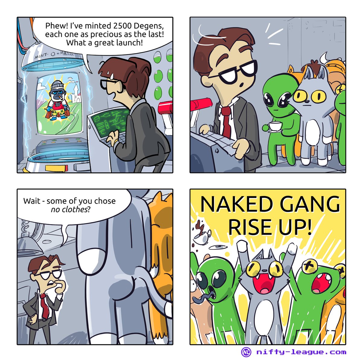 NiftyLeague's tweet photo. gm ☀️ 

👀 SATOSHI has started airdropping the comics to our early #DEGENS last night!!! 🤩 

Snapshots:
Comic #1 —> 2500
Comic #2 —> 3500
Comic #3 —> 5000
Comic #4 —> 7500

If you minted early and held your DEGEN at each snapshot last week…you will get all 4 Comics!!! 

👇 https://t.co/epdaZh1rGb