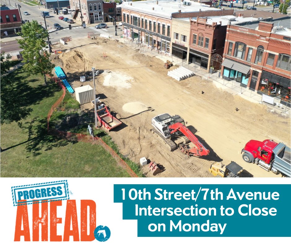 PROGRESS AHEAD: On Monday, Oct. 11, the intersection at 10th St and 7th Ave will be closed, next to what is already closed for the Uptown Streetscape Project. This closure will allow the contractor to work ahead to complete utility work.

Learn more: ow.ly/wQFd50Goxgd