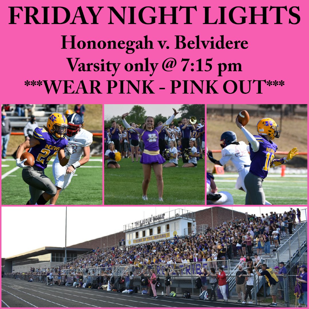 Join us for a Varsity only football game tonight against Belvidere. Gates open at 6:15 for a 7:15 start. Dress in your favorite pink outfit as Stand Up To Cancer hosts their annual "Pink Out" event. Go Indians!