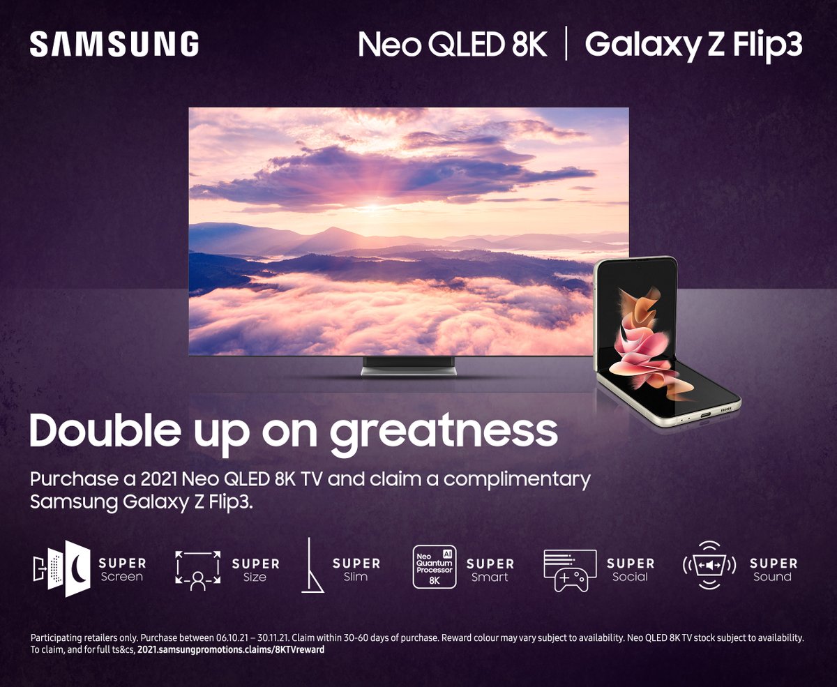 AskDirect's tweet photo. Claim a complimentary Samsung Galaxy Z Flip3 when you purchase any 2021 Neo QLED 8K TV. To claim, and for full ts&amp;cs, https://t.co/qO75p8n2kb.
#SamsungUK #SamsungNeo #SamsungNeoQLED #SamsungQLED #SamsungQLEDTV #SamsungGalaxy #SamsungGalaxyZFlip #GalaxyZFlip #AskDirect https://t.co/G52hDQ6bB4