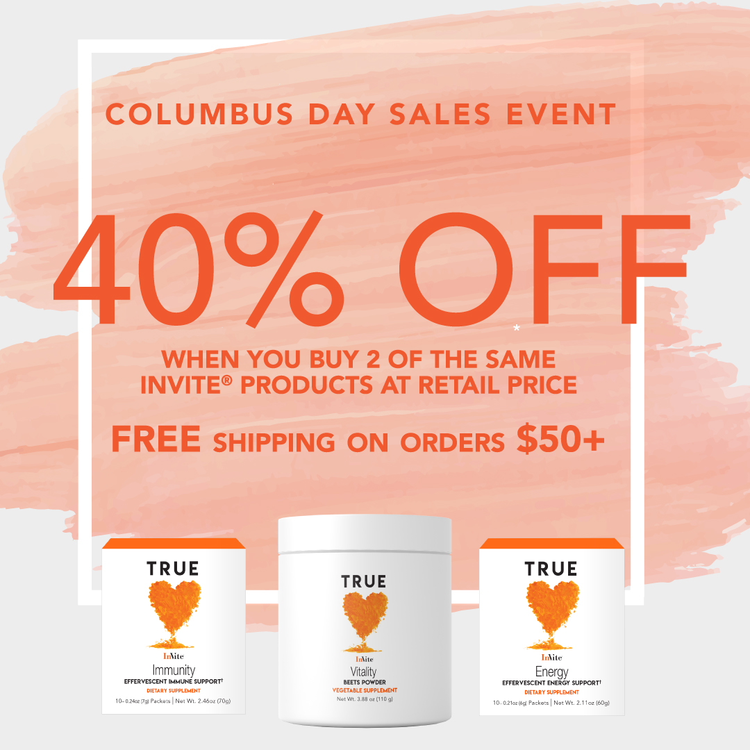 truebyinvite's tweet photo. Start the long weekend early with our Columbus Day sale! Get 40% off retail when you buy 2 of the same product. Shop your favorite supplements for energy, immunity, healthy hair and more at https://t.co/OnDm44NFv4 #ColumbusDay #Sales  #healthy https://t.co/2izb6QxIUQ