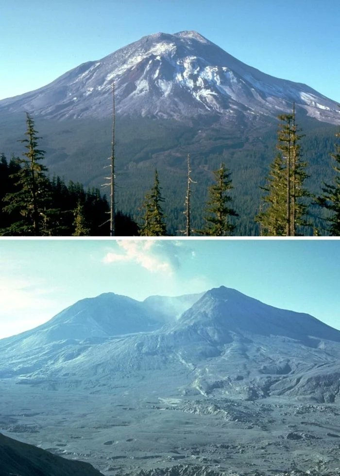 cetinkayakoc's tweet photo. 18 Mayıs 1980'de Portland ile Seattle arasındaki Mount Saint Helens (aktif ama hareketsiz bir yanardağ iken) patladı. Önceki ve sonraki halleri fotoğrafta. https://t.co/6KSBKVvYFb