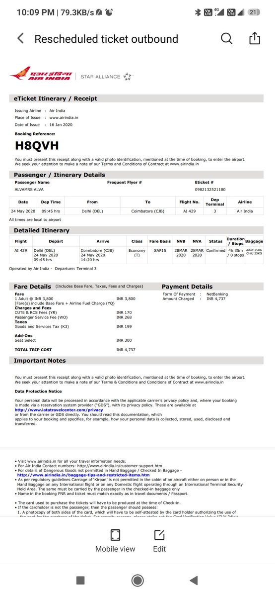 jatin9030's tweet photo. @airindiain holding four tickets 0982132521532, 33, 34,35 and also another four tickets 0982132521180,81,82,83 since May 2020 due to lockdown. Fed up calling again and again, no response. Kindly help on 9813969976 https://t.co/KVP5ag87QS