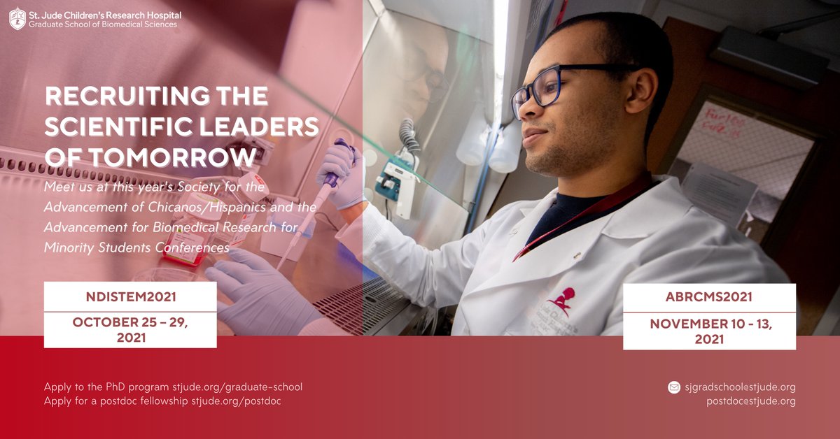 stjudegraduate's tweet image. Meet us and the St. Jude #postdoc team at the #2021NDiSTEM and the #ABRCMS2021 virtual conferences. Learn about our #PhD program: ow.ly/w8Yo50GkAke. Find postdoc fellowship opportunities: ow.ly/H3DN50GnQg7 @sacnas @ABRCMS #gradschool