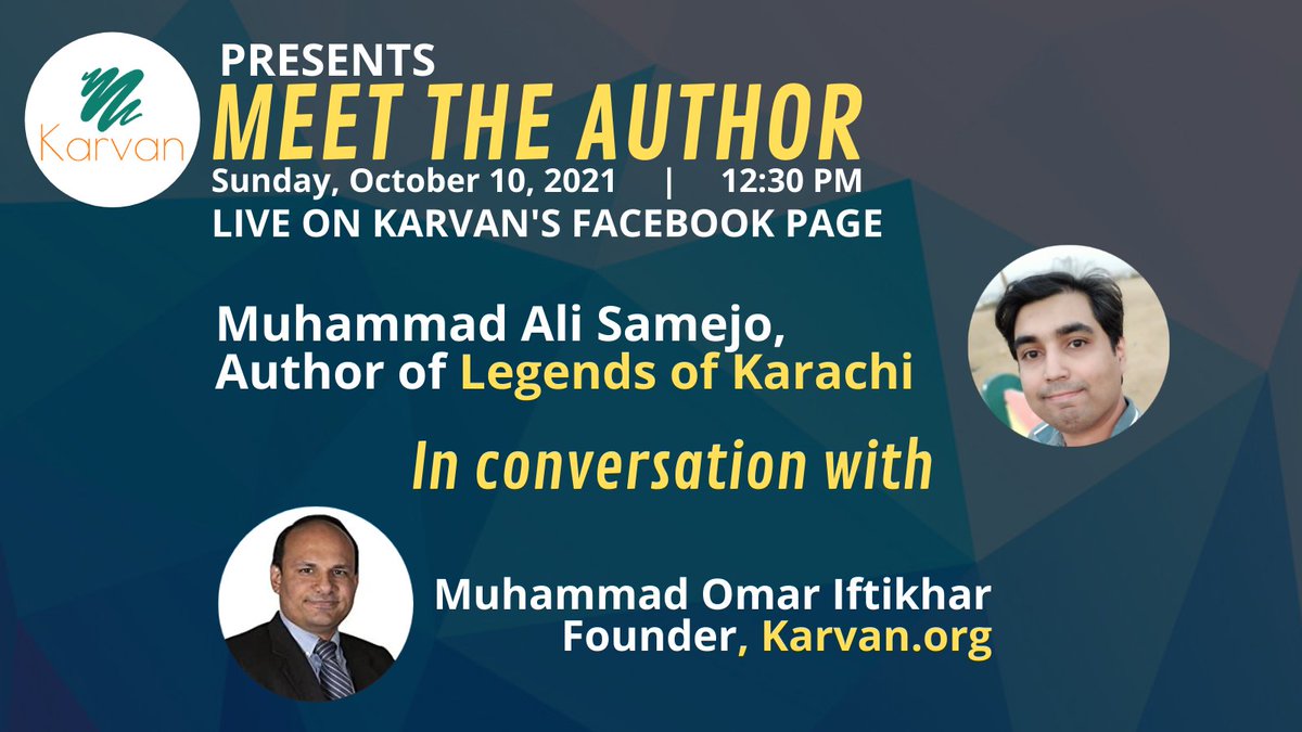wearekarvan's tweet photo. @masamejo17, Author of Legends of Karachi, will be in conversation with Muhammad Omar Iftikhar. 
Sunday, October 10, 2021 
Live on Karvan's Facebook Page (https://t.co/EqvtgvdvaC)
Legends of Karachi is published by Liberty Publishing and is available at @LibertyBooks_ https://t.co/MfCVaIfiWe