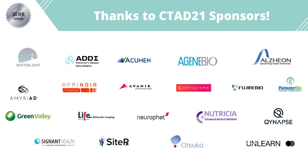 CTADconference's tweet photo. CTAD21 would like to thank its Silver Partners for their support

@winterlightlabs @AlzData @AgeneBio @Alzheon @AVANIRPharma @Fujirebio @INmuneBio @Nutricia @QYNAPSE @SignantHealth @siterxhealth @OtsukaUS @UnlearnAI https://t.co/1IqKcTRQGZ