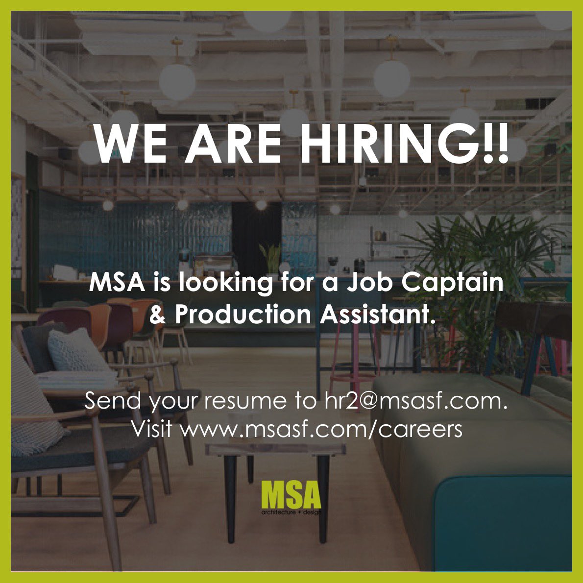 MSAarchdesign's tweet image. MSA is hiring! Visit msasf.com/careers for more info and send your resume at hr2@msasf.com ✌️

#hiring #jobcaptain #productionassistant
