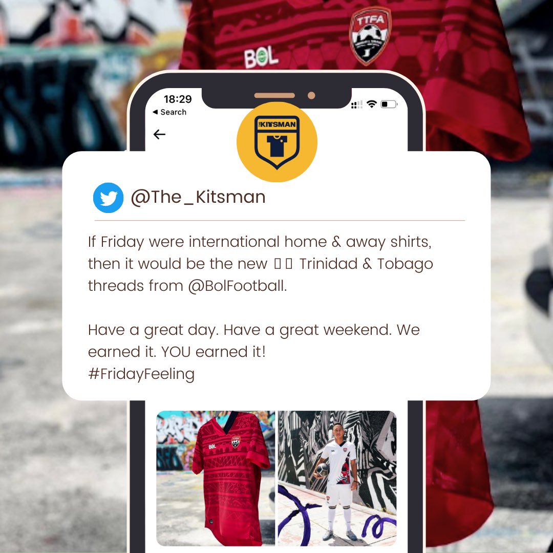 BolFootball's tweet photo. 🥰 “If Friday were international home &amp; away shirts, then it would be the new 🇹🇹 Trinidad &amp; Tobago threads from @BolFootball.”

✊ Have a great day. Have a great weekend. We earned it. YOU earned it!

#FridayFeeling by @The_Kitsman 

#SteelTribe #BOLfootball #PlayBOL https://t.co/RCT0J4SeUG
