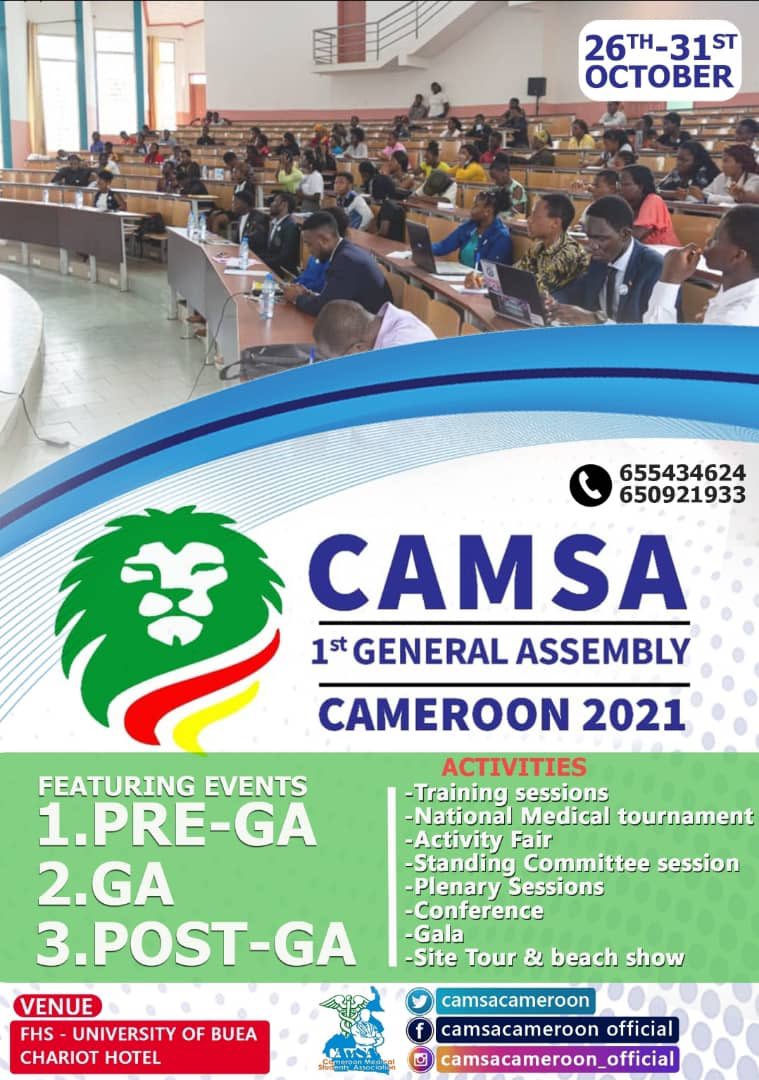 scomercamsa's tweet photo. Dear Cameroon Medical students/doctors 🇨🇲, 

We hope this finds you well and in good health 

CAMSA announces to you that registrations for the General assembly opens in 02 days 😍☺️🔥

You may check the flyers to know get the GA events highlights: https://t.co/9JoKp04Azf