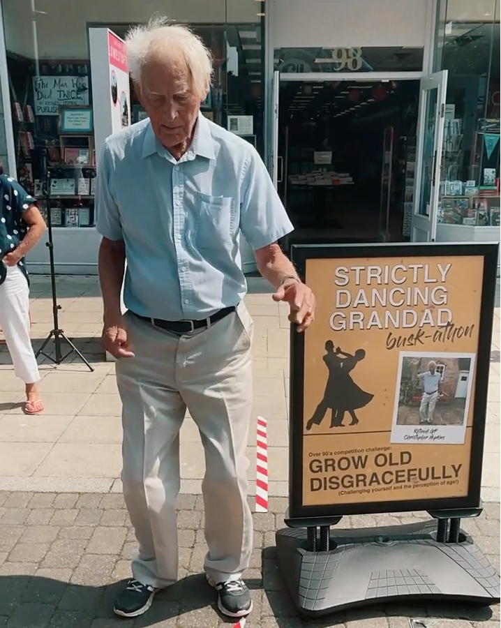 Over90sPrize's tweet photo. The Winner of the Over 90s Achievement Prize is:   Dr Christopher Hoskins, 93, from East Anglia.  This amazing man did a dancing "buskathon" for charity.  Congratulations Christopher! https://t.co/5l6zovO4jw