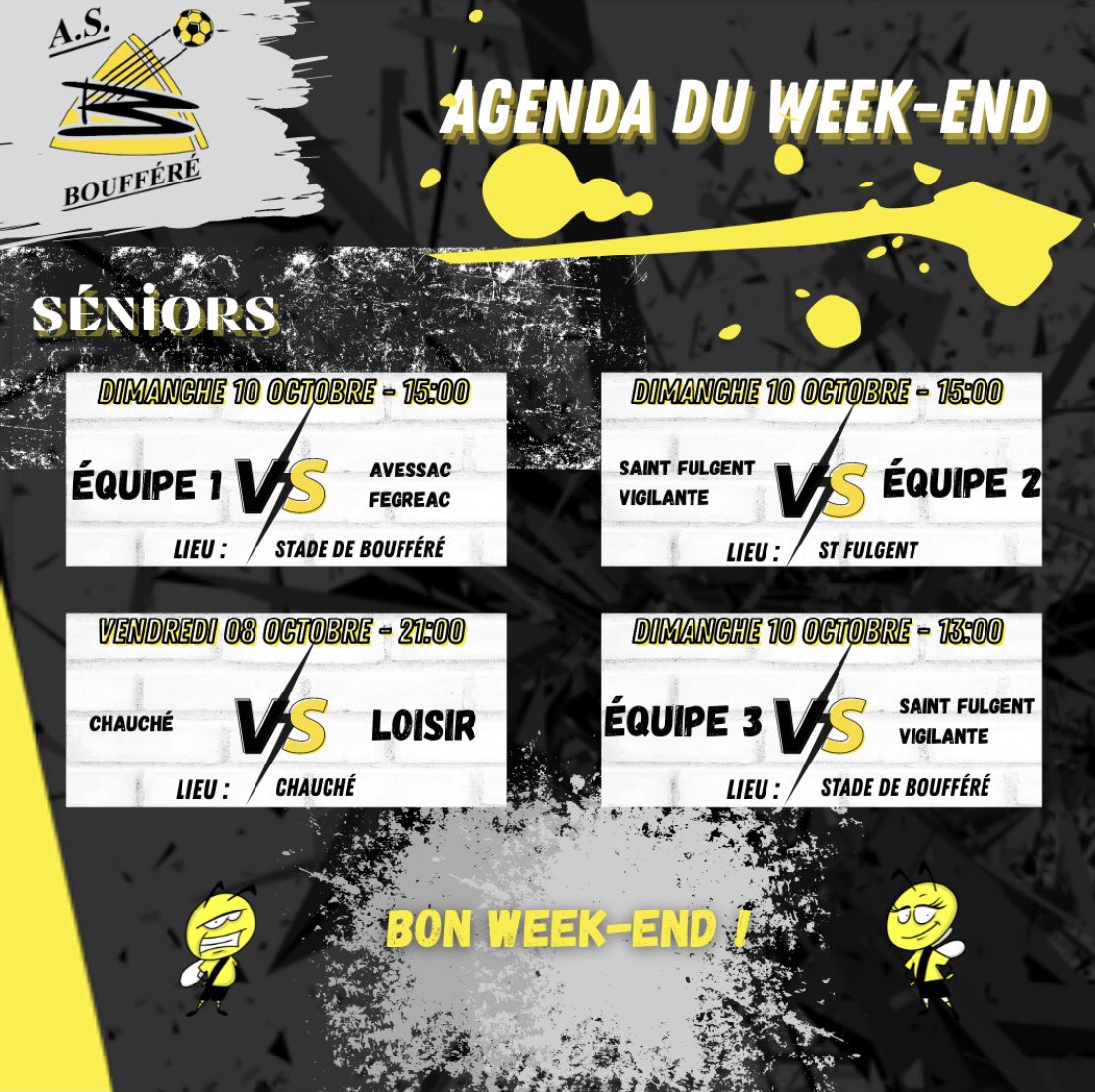L’agenda de nos équipes ce week-end !! 🗓 

On vous attend nombre pour soutenir nos noirs et jaunes!! ⚫️🟡
