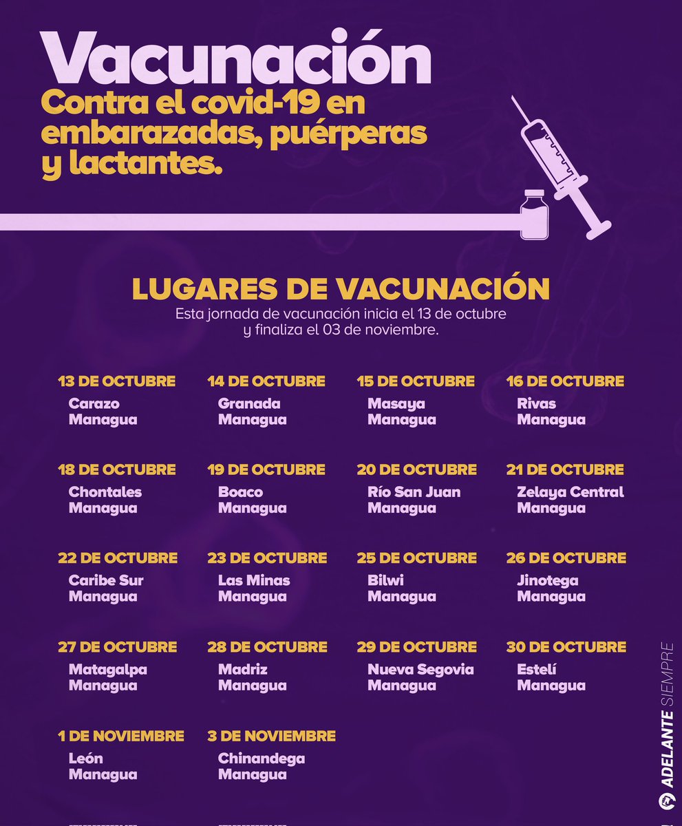 #8Octubre lugares donde se estará vacunado contra el Covid19 a mujeres embarazadas, puerperas y lactantes. Nuestro buen gobierno garantizando la salud a nuestro pueblo. Por eso este 7 d noviembre a votar en la 2. #UnidadParaLaProsperidad
#TodosJuntosVamosAdelante
#ConDanielEnLa2