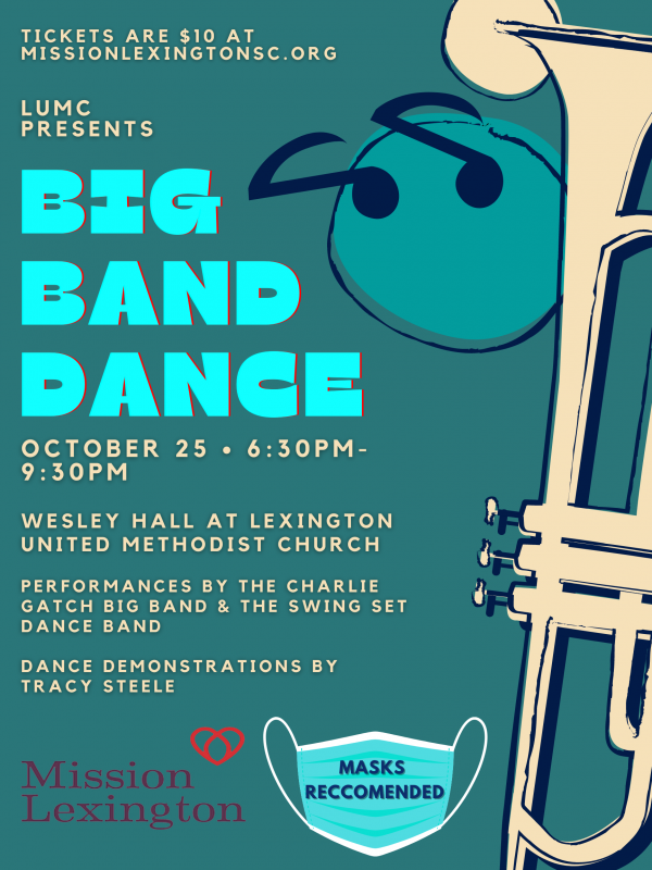 IHeartLexington's tweet photo. Lexington United Methodist Church will hold the Big Band Dance - a night of music and dance to support @MissionLexSC  - Oct. 25, 6:30 pm - 9:30 pm in the church’s Wesley Hall. Tickets are $10 and can be purchased at https://t.co/t4qWcp1WE5 cc: @ABetterColumbia @LexingtonCounty https://t.co/SzUpY9fLtV