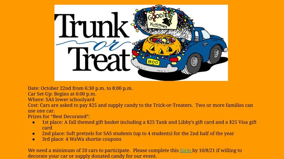 Sign up before Sunday, Oct. 10, to have your car included in our first-ever Trunk or Treat: docs.google.com/forms/d/e/1FAI…