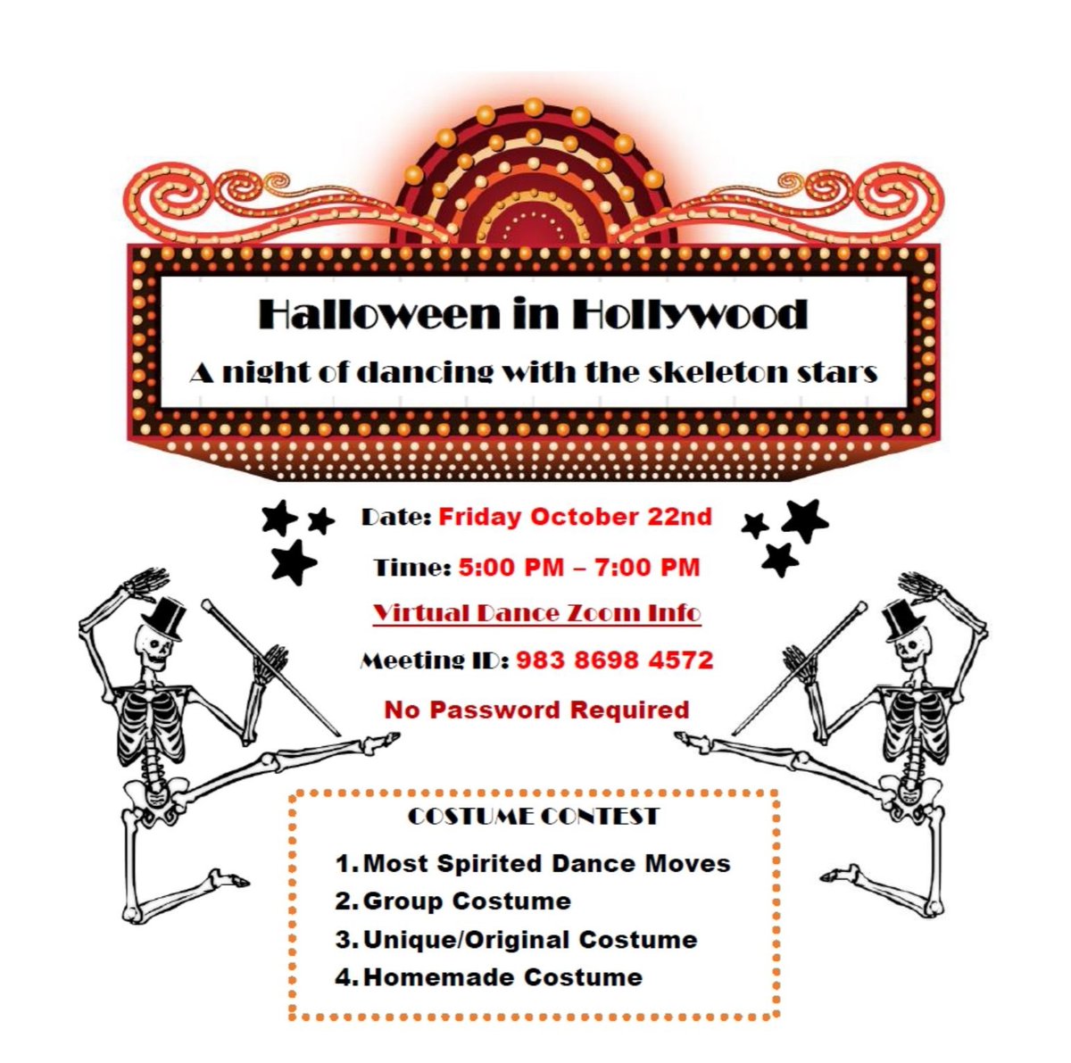 SMSophiesCenter's tweet photo. Save the date for SMSC's virtual dance party, Halloween in Hollywood - a night of dancing with the skeleton stars on Friday, October 22nd from 5-7PM. Let's dance!
https://t.co/jKCxyNXZvq https://t.co/KiGAFbnlgm