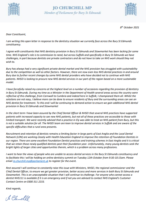 Jochurchill_MP's tweet photo. Please see below an open letter to constituents regarding the dental situation in the BSE constituency &amp; the steps I am taking to try and resolve them. I will also be hosting an online dentistry roundtable on 12th October, which is open to constituents. Details below 👇 https://t.co/EYA7JdmtVl