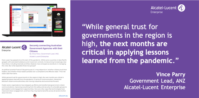 srobineau's tweet photo. Trust is hard to earn and easy to lose, which is why governments must prioritise connecting with their people. @ALUEnterprise's Vince Parry shares how technology can enhance government-citizen communication and secure citizen data. Flip to p. 40 for more. https://t.co/YL8wZXwfR7 https://t.co/2X9bjQ41hD