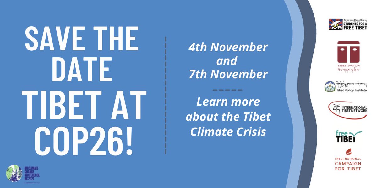 SFT &amp; other Tibet groups will be attending <a href="/COP26/">COP26</a>, the UN's climate change conference in Glasgow! We will be making sure the #TibetClimateCrisis is being raised in this important space and are organizing TWO side-events!

STAY TUNED FOR MORE INFORMATION!

#COP26 #cop26glasgow
