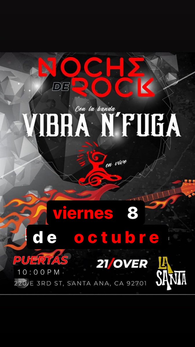 Tonight! Vibra N’Fuga returns to La Santa 🔥 $10 at the door. Rockero pari starts at 10p • 21+ 

#santaanashow #ocshow #rockenespañol #dtsa #alternativerock #livemusic #ocevents