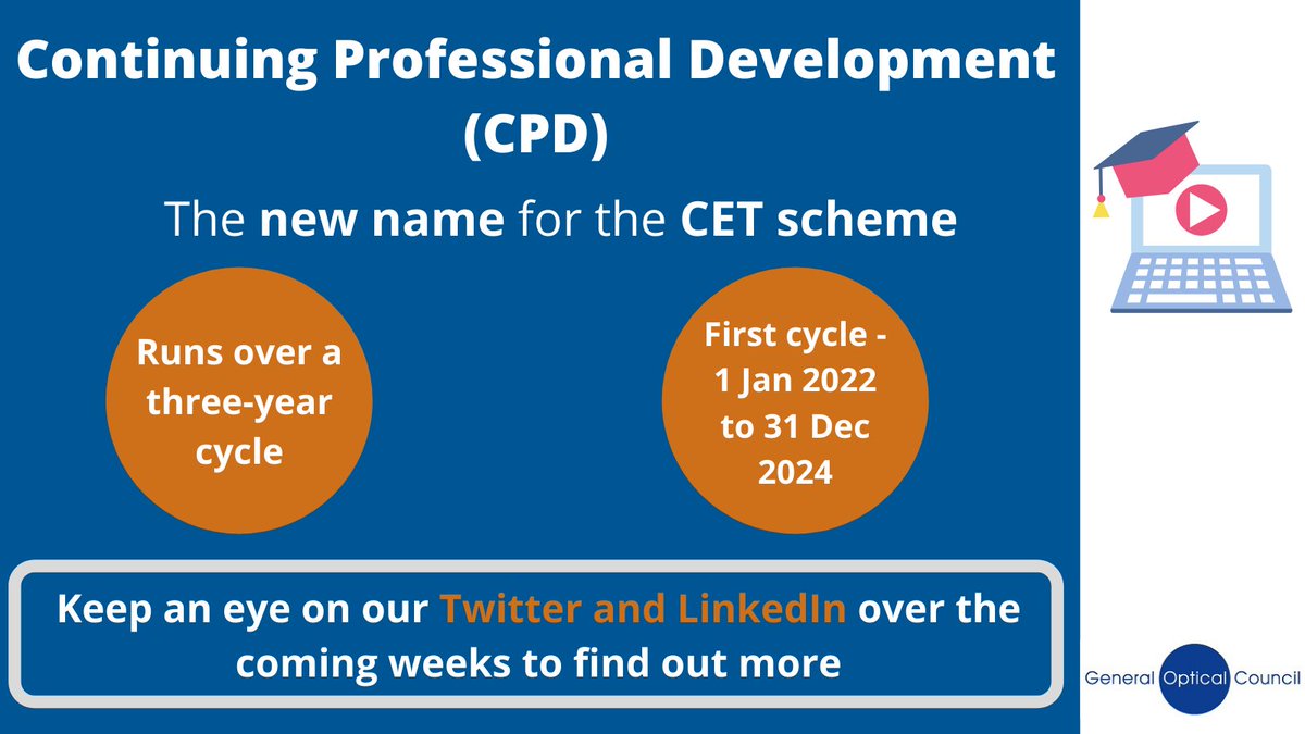 CPD (Continuing Professional Development) is the new name for our CET scheme: Beginning 1 January 2022.