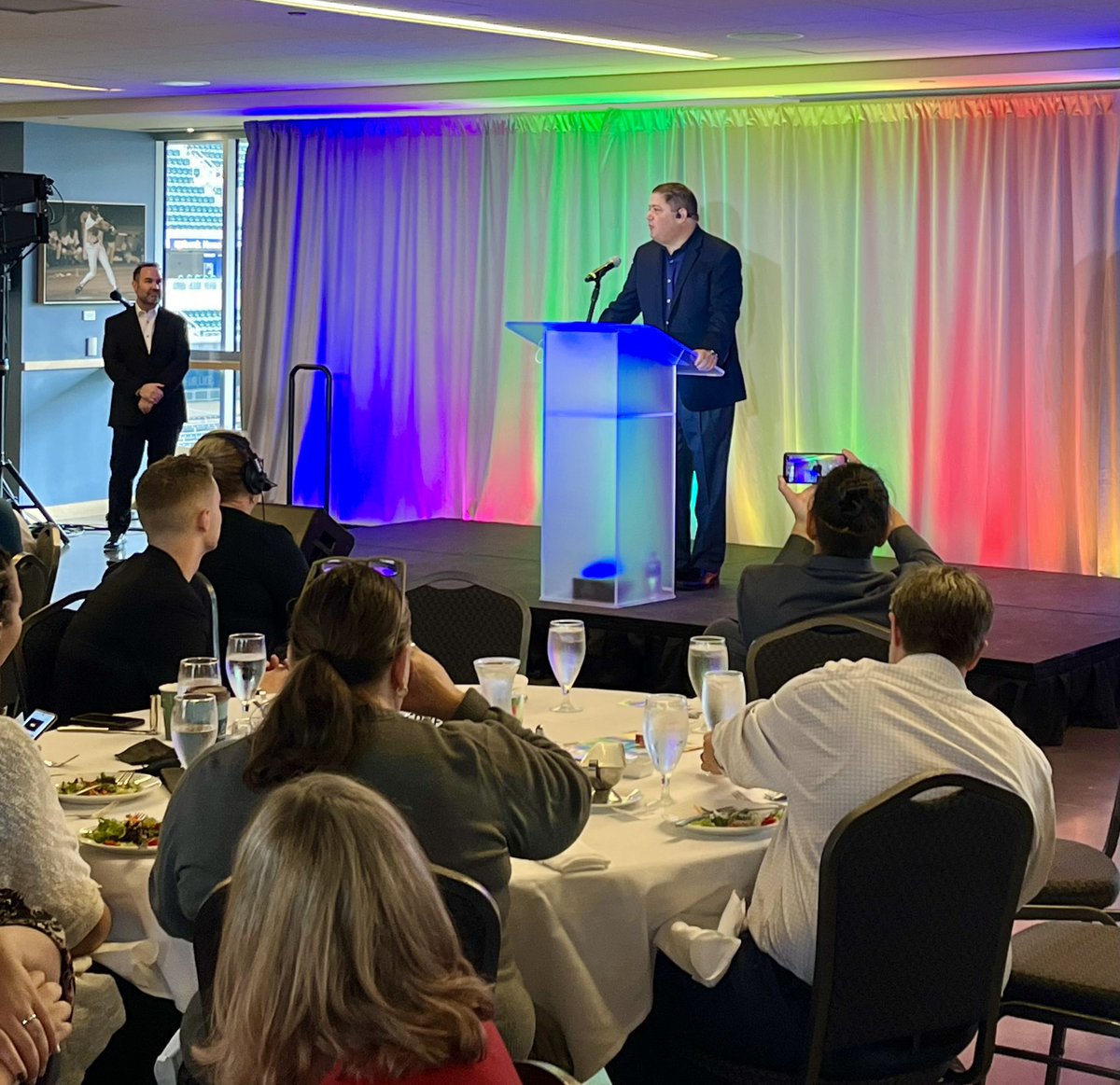 Miguel Ramos, Twins Sr. Director of Diversity &amp; Inclusion Strategy, welcomes the crowd at Quorum’s National Coming Out Day Luncheon!