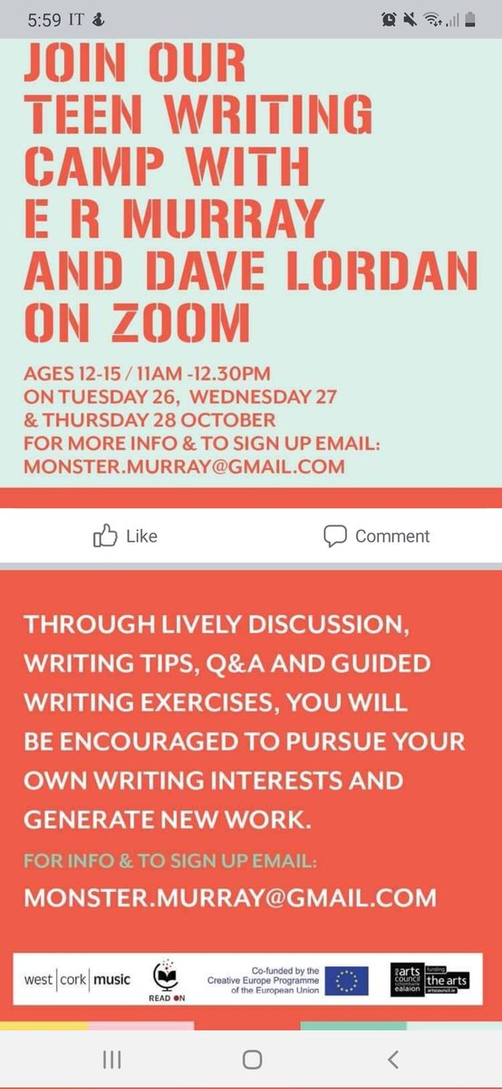 WellReadFoxrock's tweet photo. Great opportunity for Junior Cycle students to attend this FREE Zoom writing workshop over mid-term with @DaveLordan and @ERMurray! Email monster.murray@gmail.com for details. @LiteracyLink1 @FoxrockLoreto #ReadOnEU https://t.co/nxTUmYO2PF