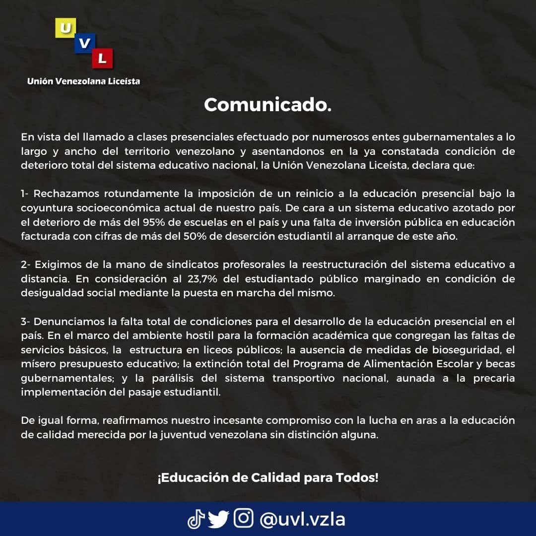 #8Oct | COMUNICADO <a href="/UVLiceistas/">Unión Venezolana Liceísta</a>