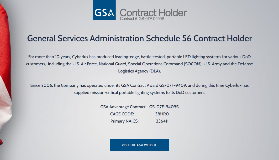 MoonMarket_'s tweet photo. $CYBL
General Services Administration Schedule 56 Contract Holder
For more than 10 years, Cyberlux has produced leading-edge, battle-tested, portable LED lighting systems for various DoD customers, including the U.S. Air Force, National Guard, Special Operations Command https://t.co/aoWzxuZO4T
