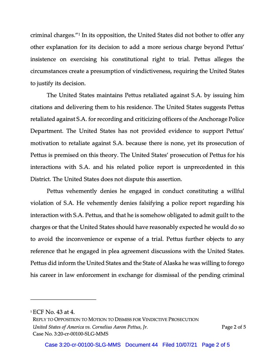 AK_cases_bot's tweet photo. New filing in United States v. Pettus: Reply to Opposition to Motion to Dismiss for Vindictive Prosecution #aklaw https://t.co/dkMAaFIyjP