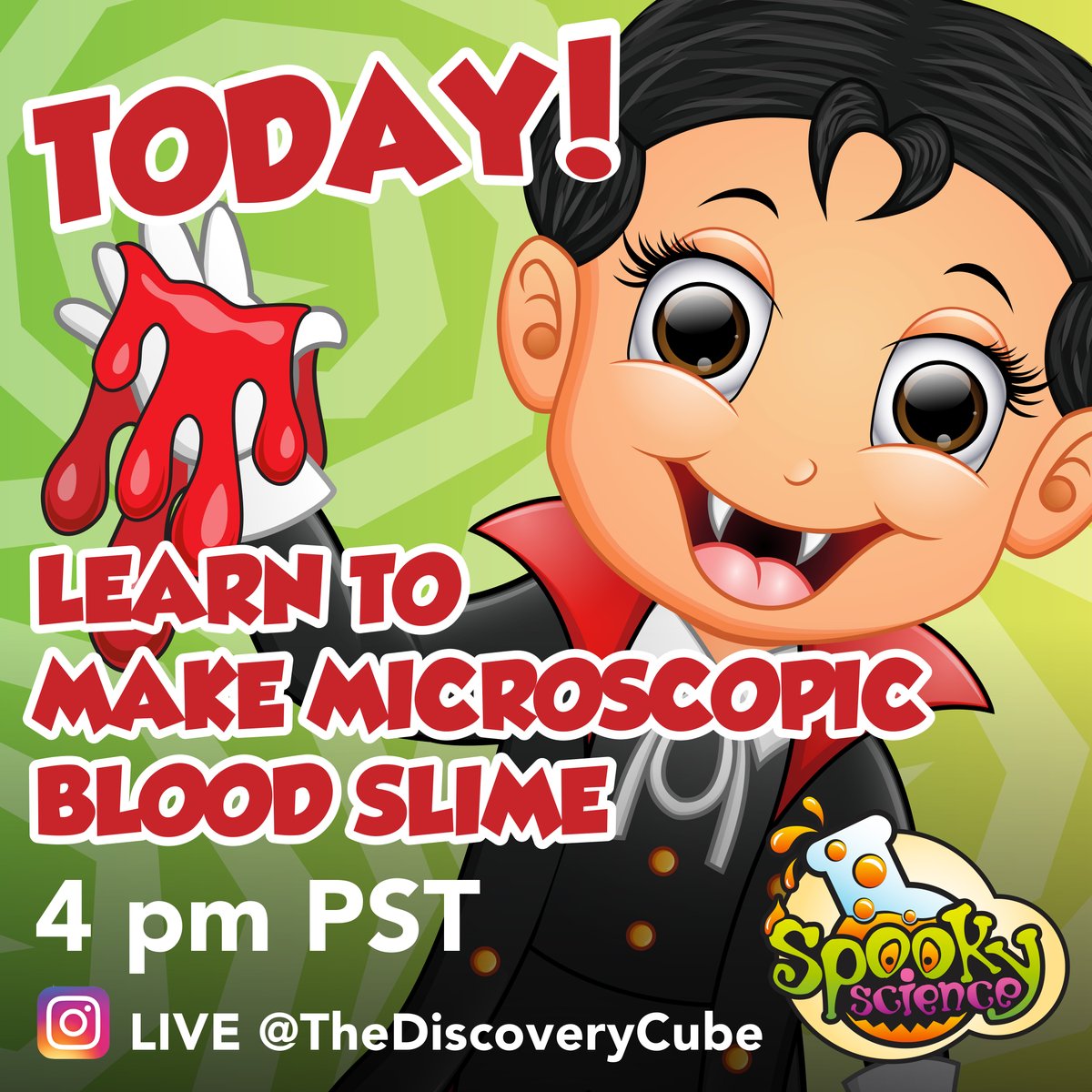 Discovery_Cube's tweet photo. Tune in this afternoon to our IG Live at 4pm PST to learn how to make Microscopic Blood Slime! Check out our Spooky Science highlight for the recipe. 🧛 

#SpookyScience #DiscoveryCube #Inspire #Educate #Impact https://t.co/USvI7CQL69