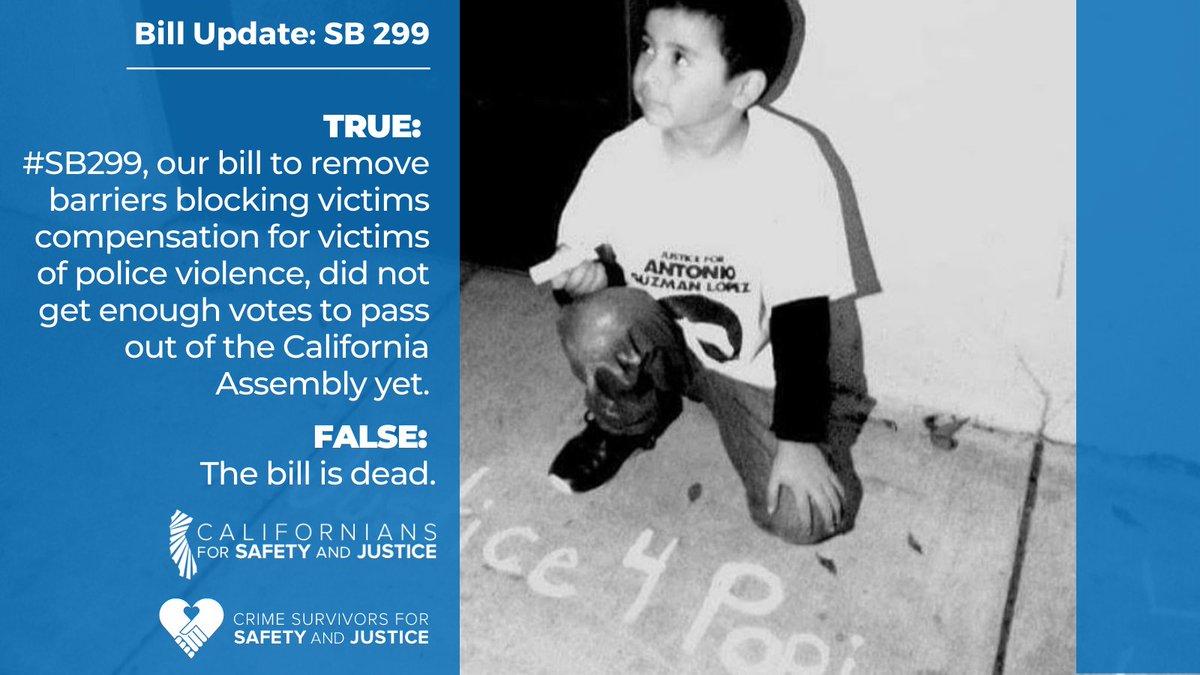safeandjust's tweet photo. Victims of police violence ARE victims of violence. We will keep working to pass this bill! #SB299 will enable victims of police violence &amp; their families to qualify for victims’ compensation—to help them process their trauma, pay for medical expenses, &amp; bury their loved ones. https://t.co/SuAGwVxcxj