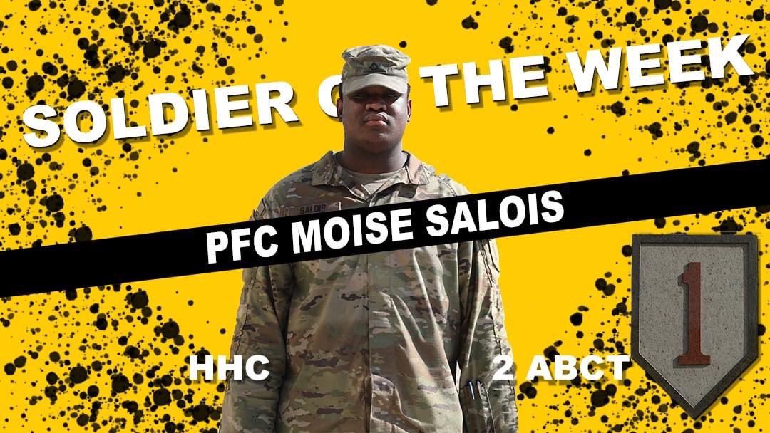 FightingFirst's tweet photo. Meet PFC Moise Salois, the #1ID #Soldieroftheweek. His professionalism and dedication to duty directly led to a timely, effective, and proficient plan enabling 2nd Armored Brigade Combat Team, 1st Infantry Division to prepare for upcoming training exercises. #warfightingmastery https://t.co/O9s5fnSM2Y