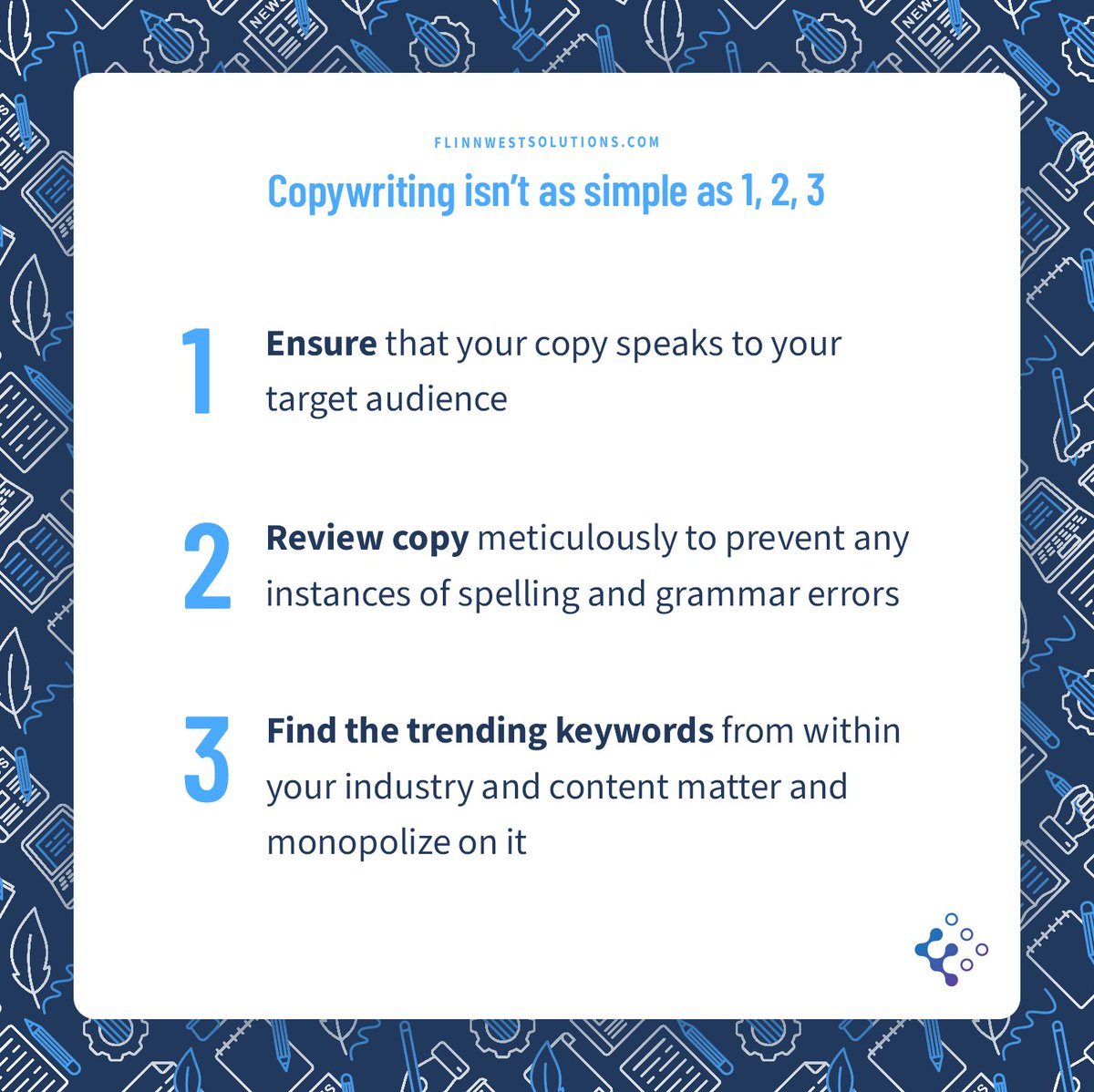 flinnwest's tweet photo. Copywriting isn’t as simple as 1, 2, 3. It requires a lot of research, strategy, and review.

Your first draft of copy will never be the best version; it will absolutely need review, and most times by multiple project members.
•
#Writing #Copy #SocialMedia #DigitalMarketing https://t.co/vkwb4Y2BC0