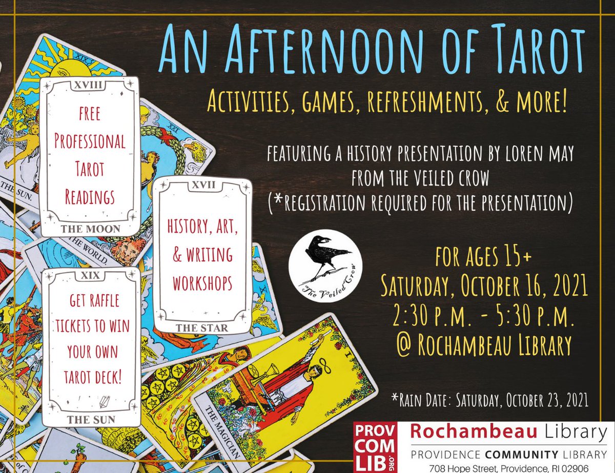 An Afternoon of Tarot! 🃏 Enjoy a history presentation, DIY tarot cards, a free reading, and more! Event takes place outside on the front patio of the Rochambeau Library - registration not required except for the history presentation, which will be inside in the community room.