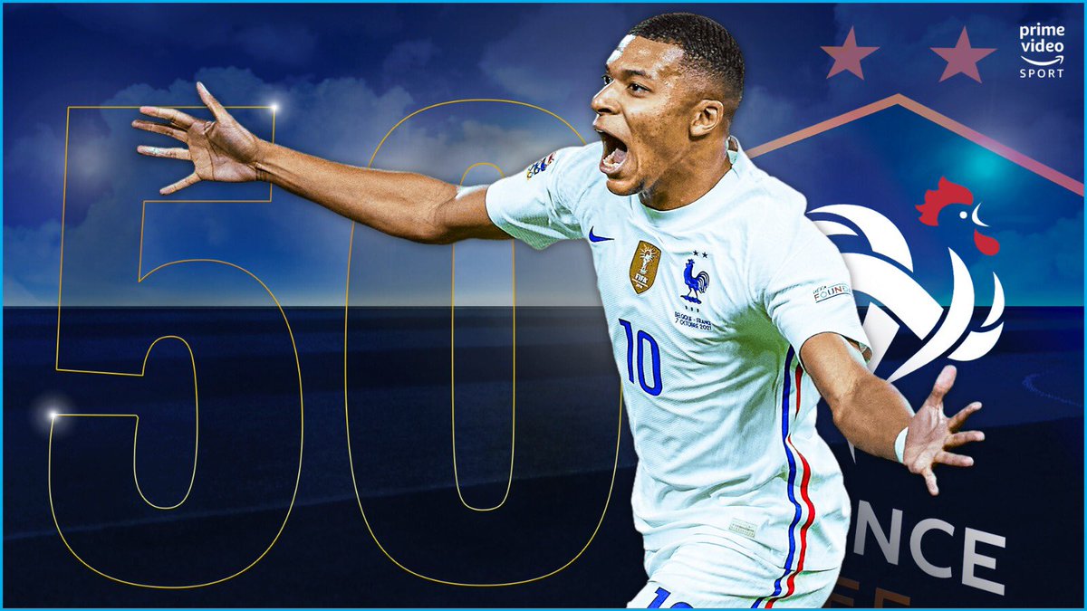 PVSportFR's tweet photo. 22 ans et 291 jours ➡️ 50 sélections 🇫🇷 !! @KMbappe #EDF #FRABEL https://t.co/K7drPyWPEI