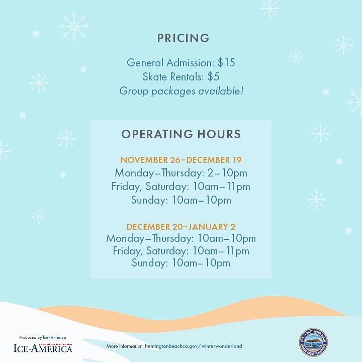 CityofHBPIO's tweet photo. We’re excited to present the best oceanfront ice rink to land on the west coast. Starting NOVEMBER 26, join us as Surf City transforms into a Winter Wonderland!
Tickets will be available soon! More info at https://t.co/GYoLWPMWR8
#SCWW ☃️❄️🌊 https://t.co/Ba5G10vqVW