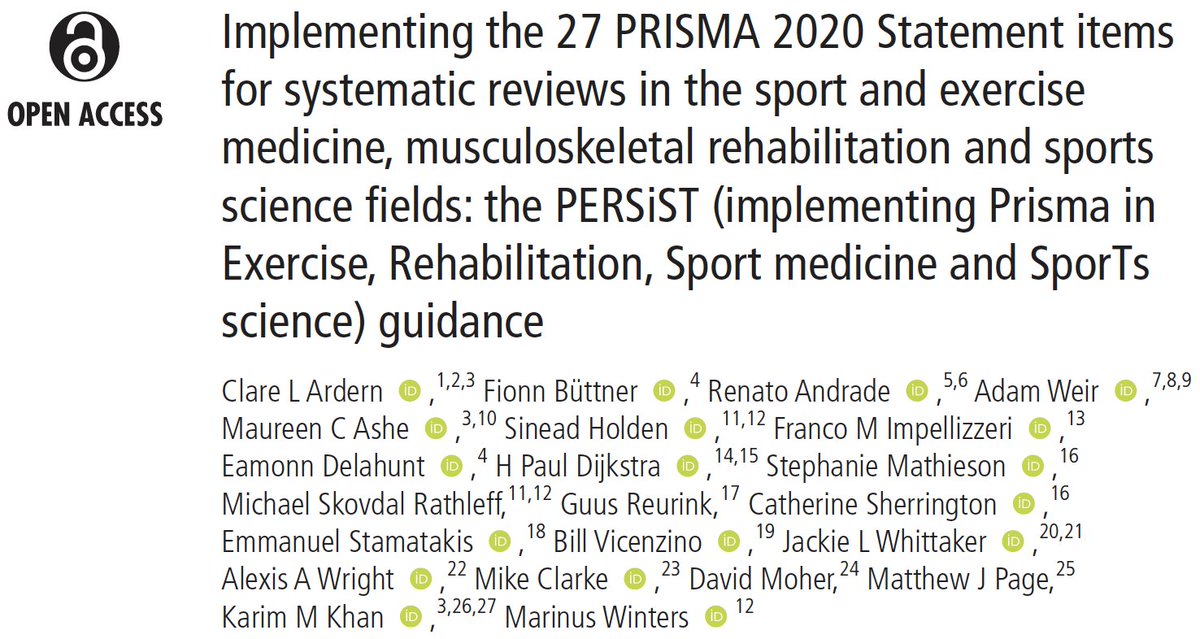 The PERSiST guide: help for systematic reviewers, peer reviewers, journal editors to implement the 27 PRISMA Statement items in systematic reviews in the sports med, rehab, sport science fields.

bjsm.bmj.com/content/early/…

Thanks to outstanding &amp; experienced team - 2 many to tag!