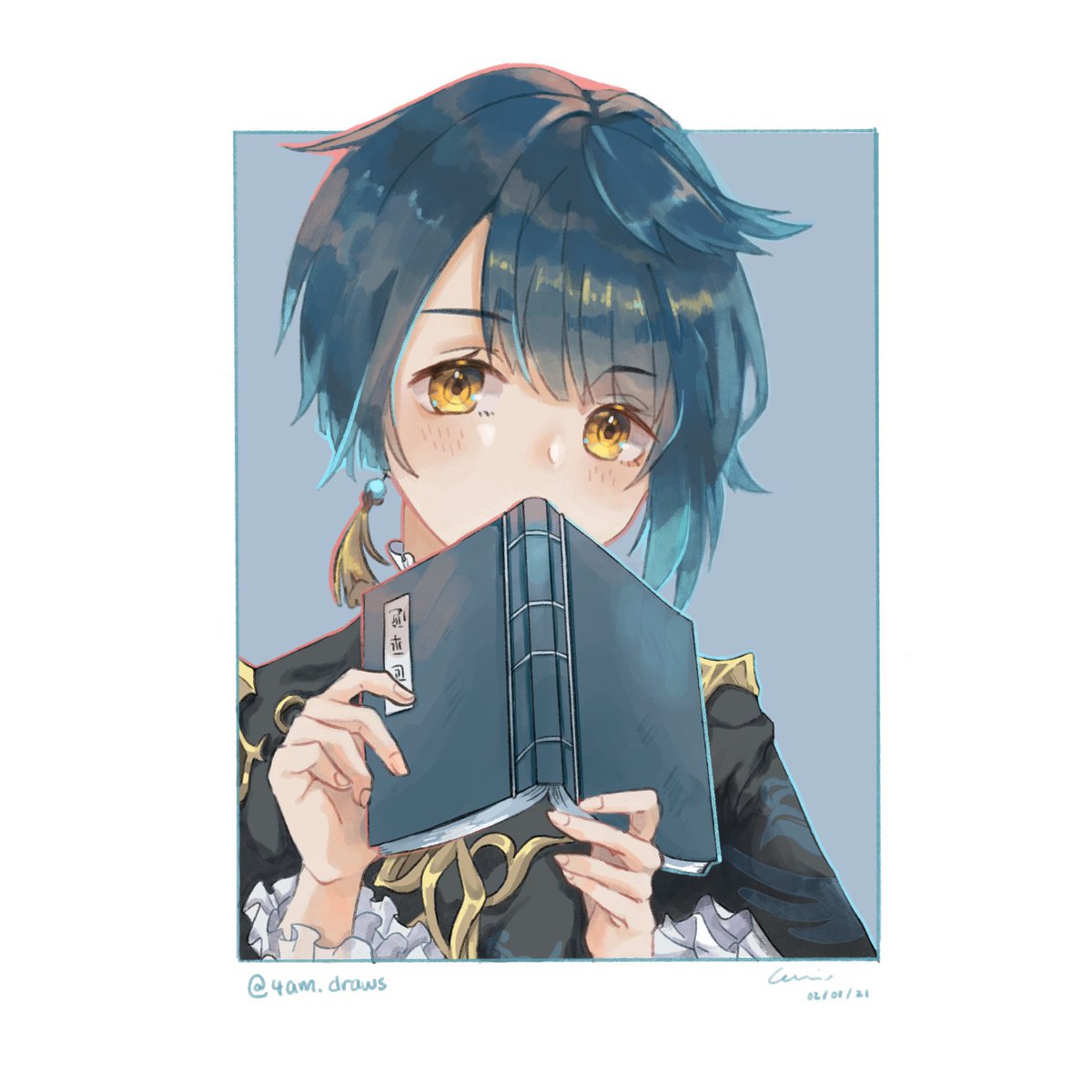 xingqiu (genshin impact) male focus 1boy book solo holding yellow eyes holding book  illustration images