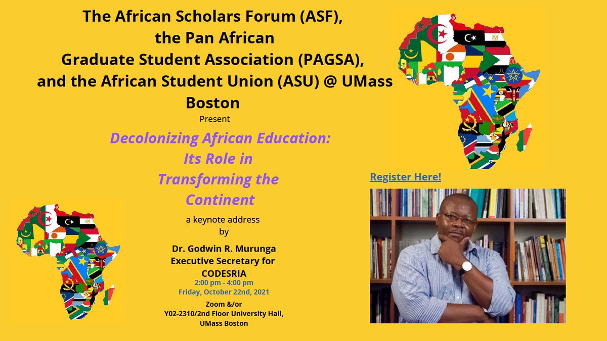 Join @mcCormackGradSchool October 22 for the Africa Scholar's Forum Fall 2021 Welcome and Business Meeting. Keynote address by Dr. Goodwin Murunga <a href="/CODESRIA/">CODESRIA</a> Executive Secretary. Click the link to Register!  bit.ly/2021Fall_ASF  <a href="/UmassBoston/">UMass Boston</a> <a href="/UMB_Events/">UMass Boston Event Services</a>