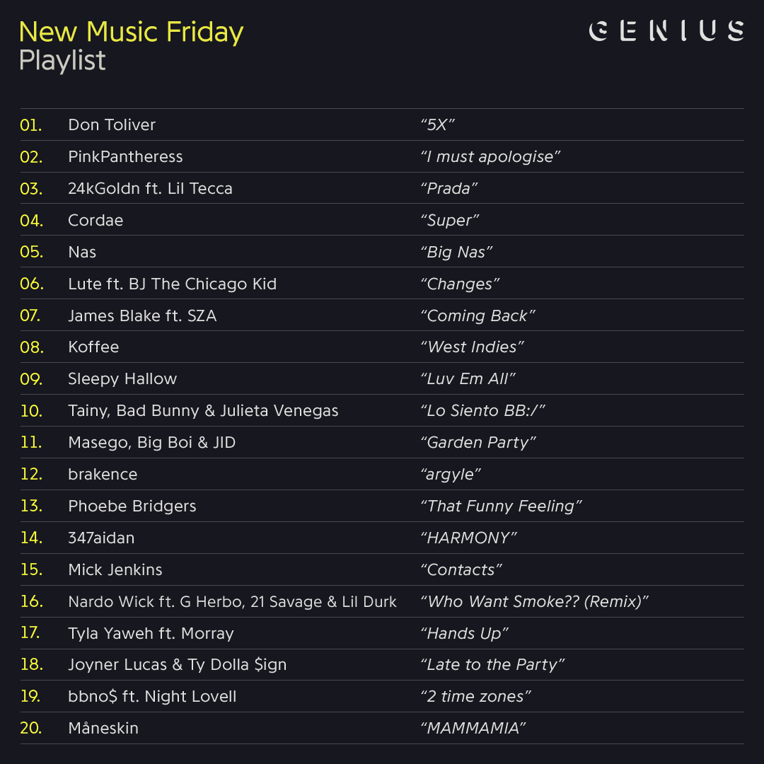 Genius's tweet photo. new music friday hitting hard this week 👊 who's first in your rotation?

make it easy on yourself with our nmf playlist ⬇️
https://t.co/vS2sWFs82Q https://t.co/trzpeXah1e