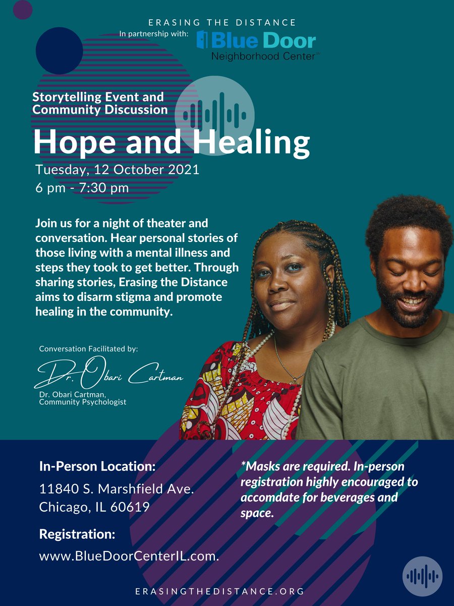 EraseDistance's tweet image. On Tuesday, October 12, Erasing the Distance will be partnering with Blue Door Neighborhood Center. Hear personal stories of those living with a mental illness, and stay afterwards for a community discussion. 

To register, please visit their website: bcbsil.com/bdnc