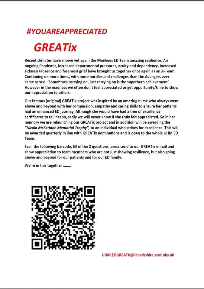 MonkeesEdhealth's tweet image. We are RELAUNCHING the GREATIX project in ED!The&quot;Nicola McFarlane Memorial Award&quot; has been announced &amp;amp; will be a great way to honour our friend.Get GREATixing!!! Show appreciation to our whole team.Nominations can be made by emailing our new Monkees GREATix address or by barcode
