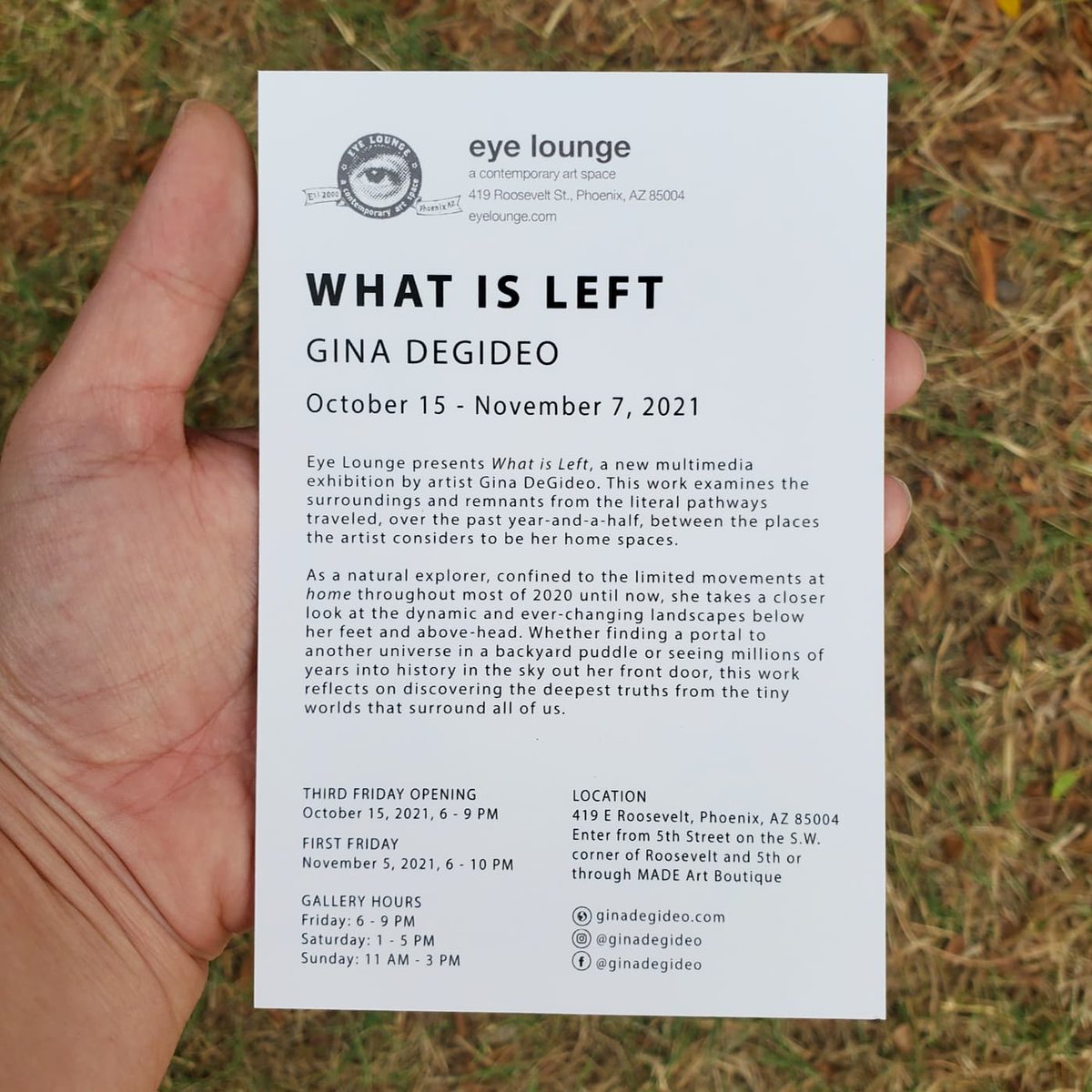 GinaDeGideo's tweet image. Just 1 week until #WhatIsLeft opens at @eyelounge! DM me your addy and I will 🐌 mail you a postcard 🖤🪶🖤 Hope to see you on 3rd Friday, October 15th!