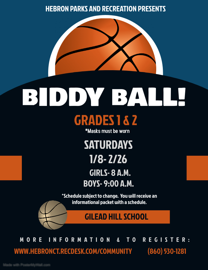 HebronCTRec's tweet image. Biddy Basketball is back!  Children grades 1 &amp;amp; 2 will learn and develop their basketball skills in a developmental setting! 
 REGISTRATION DEADLINE IS FRIDAY, NOVEMBER 26TH.  To register or to sign up to be a volunteer coach, visit hebronct.recdesk.com/community or call 860-530-1281.