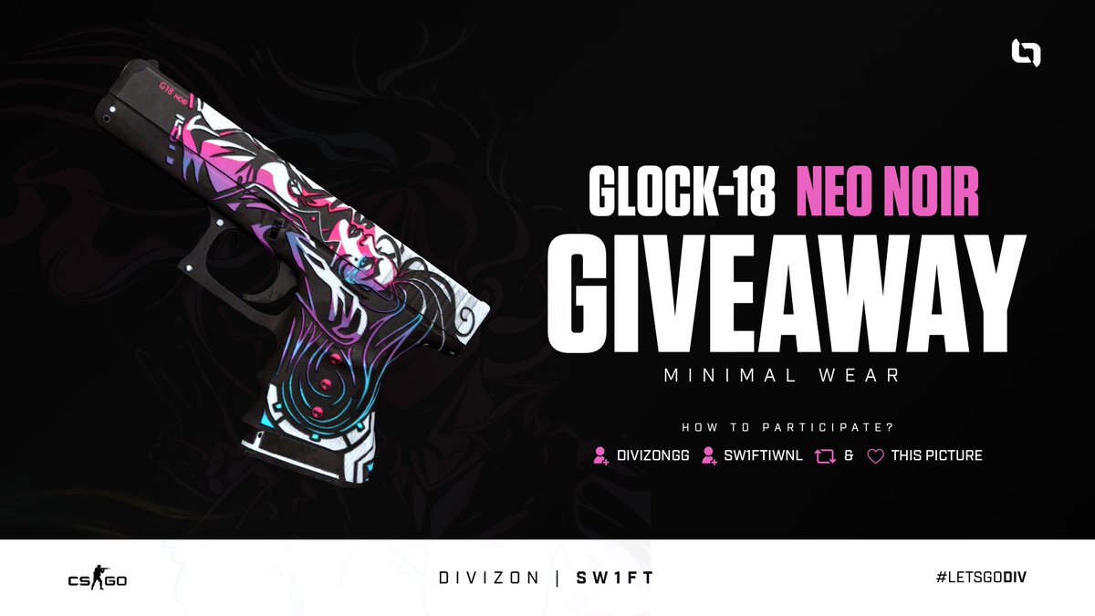 Sw1ftiwnl's tweet photo. In Zusammenarbeit mit @DIVIZONgg gibt es auch von mir ein #giveaway.
Für euch gibt es eine Glock-18 | Neo-Noir in MW zu gewinnen.
To enter: 
➡️Follow @DIVIZONgg 
➡️Follow @Sw1ftiwnl 
➡️Retweet and Like this Tweet
➡️@ one of your Friends
⏱️ End: 29.10.2021
#LETSGODIV https://t.co/lIyFjx9R3R