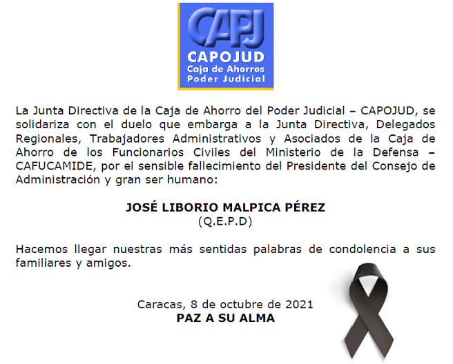 capojud's tweet photo. La Junta Directiva de CAPOJUD se solidariza con el duelo que embarga a la familia CAFUCAMIDE, por el sensible fallecimiento de su Presidente Lic.José Liborio Malpica Pérez (Q.E.P.D), nuestras más sentidas palabras de condolencia a sus familiares y amigos. https://t.co/qG34zUHNrm